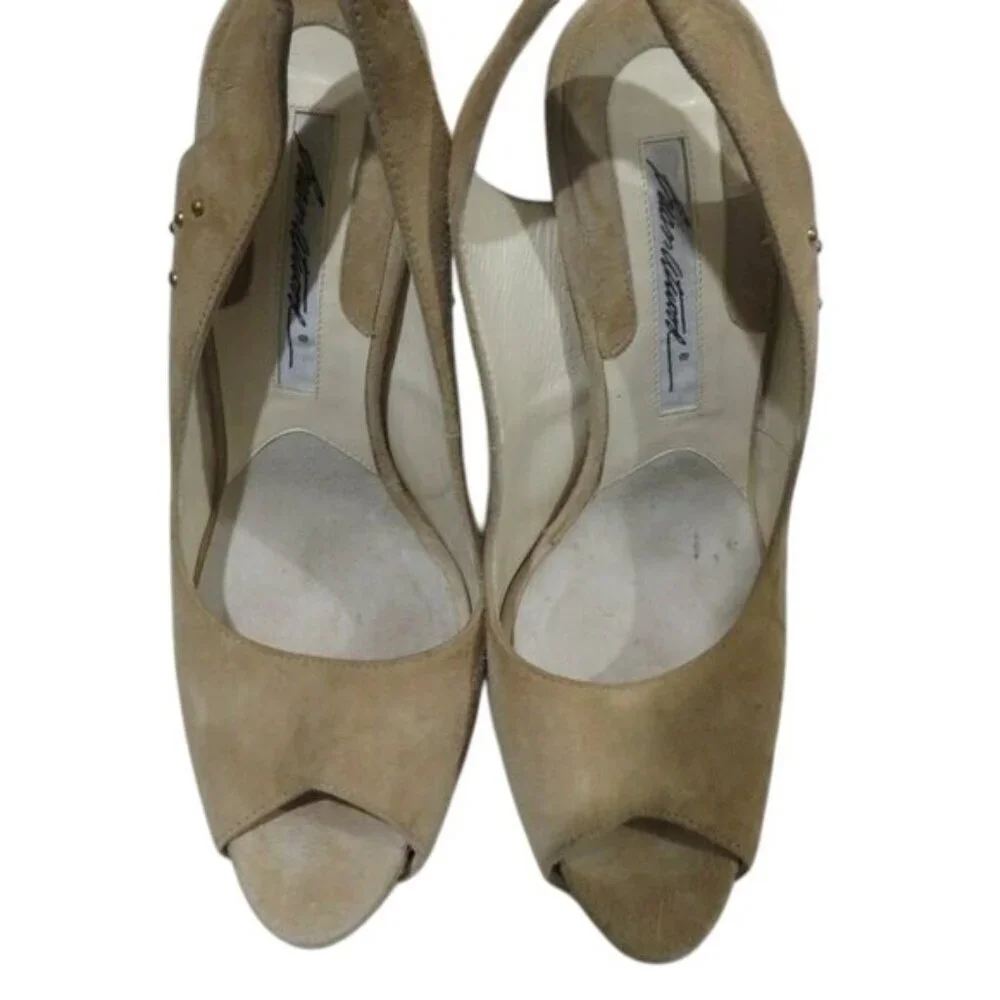 BRIAN ATWOOD Taupe Tan Suede Leather Studded Platform Slingback Peep Toe Pumps